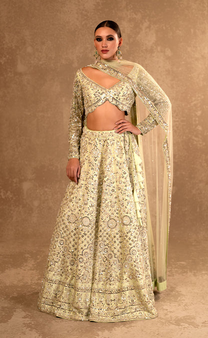 Hand Embroidered Silk Lehenga Choli Set with Net Dupatta