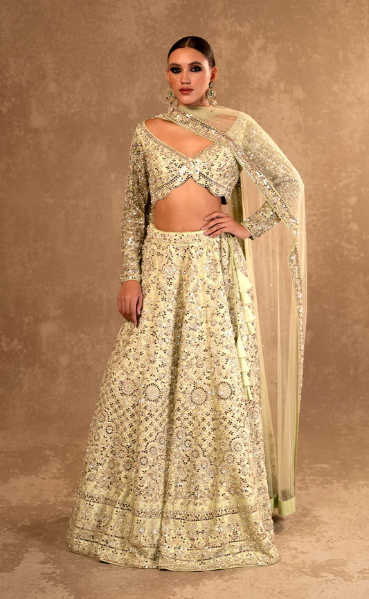 Hand Embroidered Silk Lehenga Choli Set with Net Dupatta