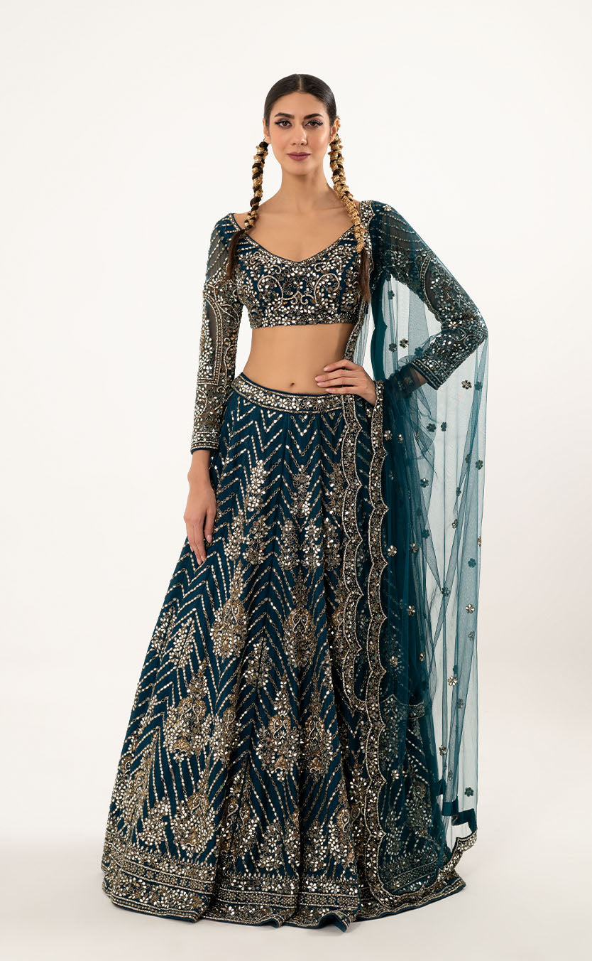 Exquisitely Embroidered Silk Lehenga Choli Set with Net Dupatta