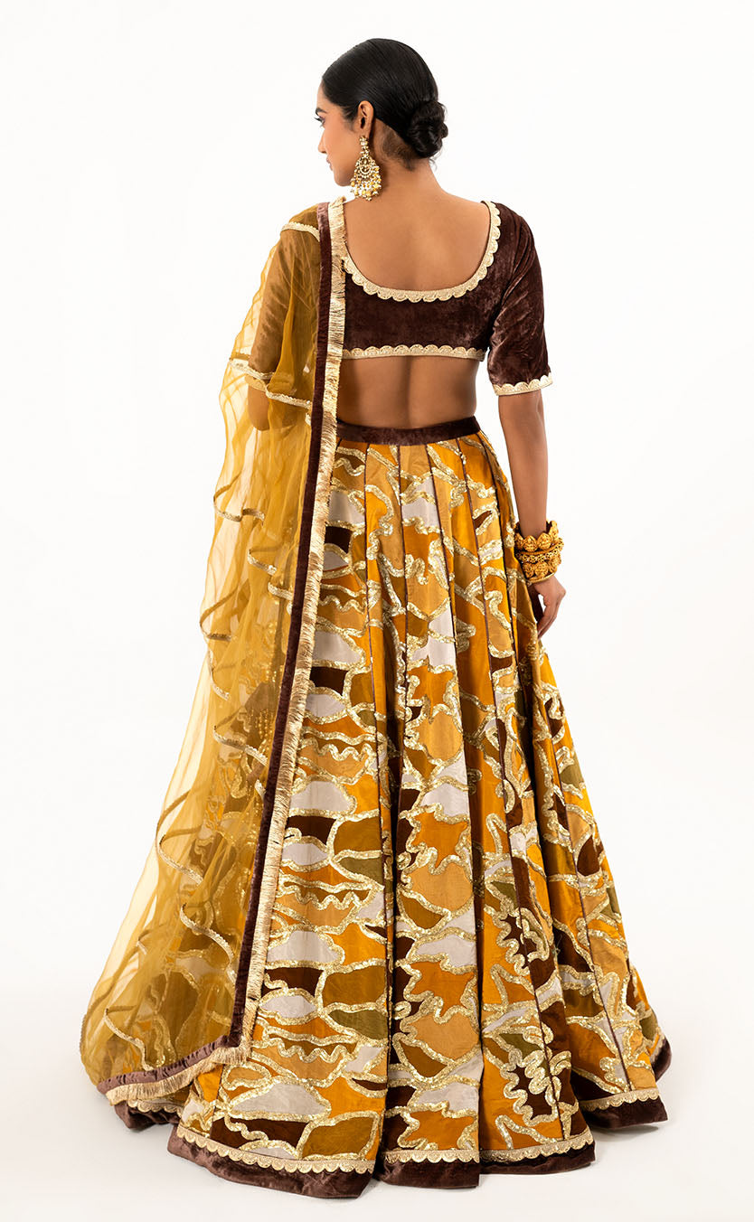 Multi Colour Velvet Lehenga with Choli and Gold Embroidered Dupatta