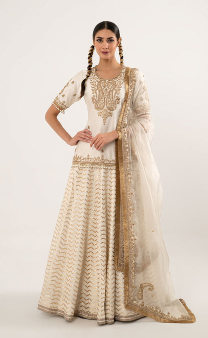 Short Silk Kurta & Banarasi Lehenga Set with Organza Dupatta