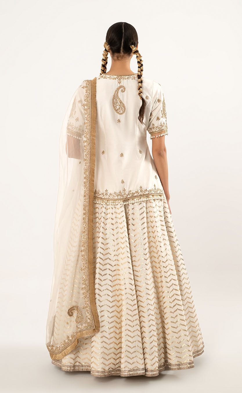 Short Silk Kurta & Banarasi Lehenga Set with Organza Dupatta