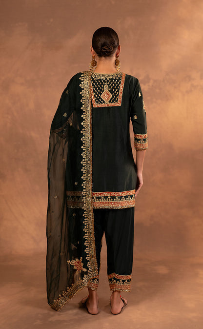 Hand Embroidered Silk Kurta & Salwar Set with Organza Dupatta