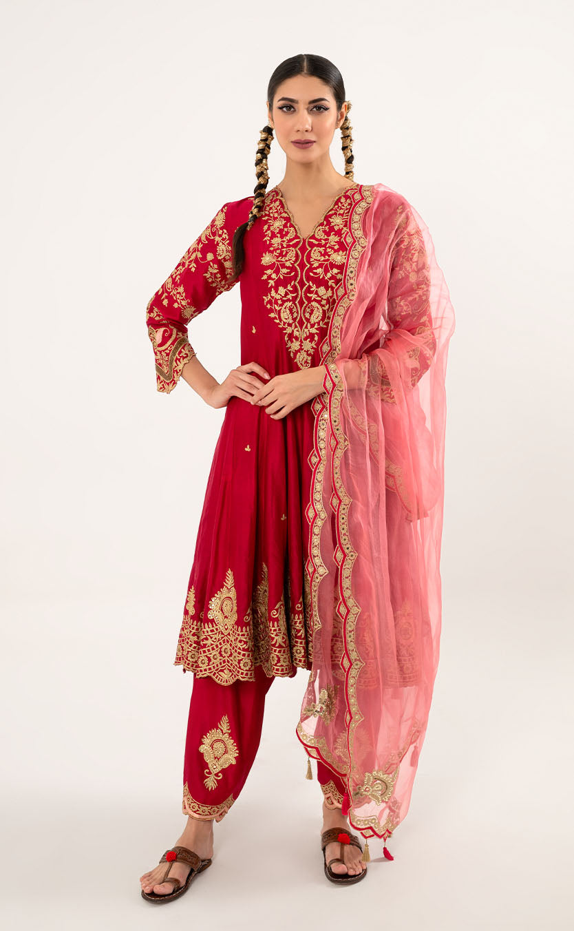 Silk Anarkali with Pakistani Salwar with Dori Embroidered Dupatta