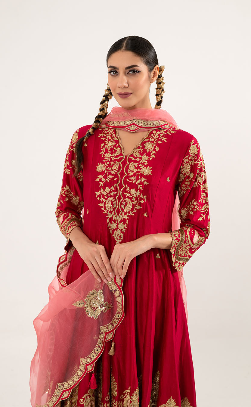 Silk Anarkali with Pakistani Salwar with Dori Embroidered Dupatta