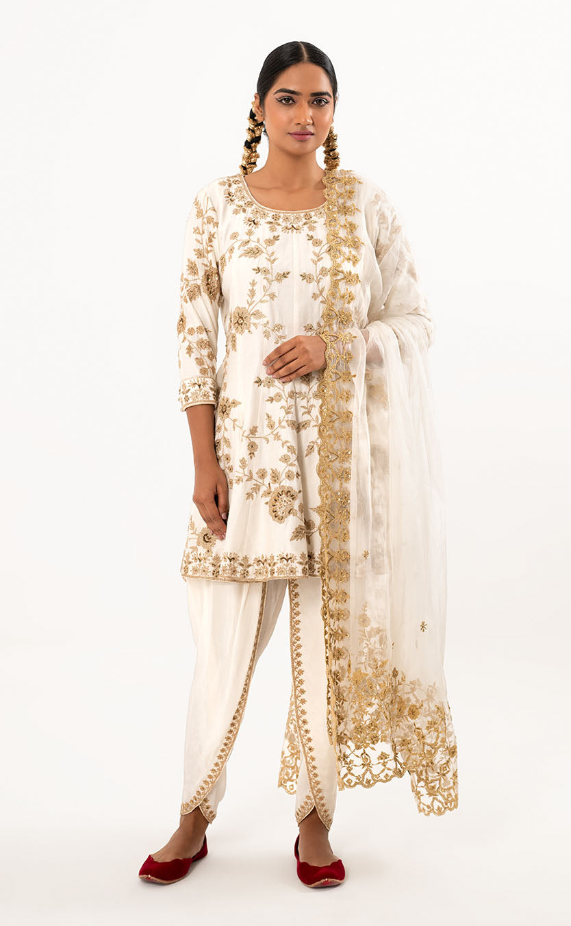 Silk Anarkali with Drape Dhoti Salwar and Aari Embroidered Dupatta