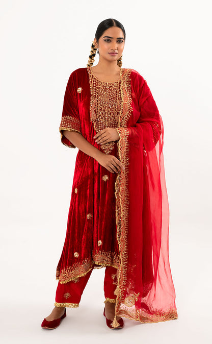 Long Velvet Kurta Set with Crepe Salwar and Organza Dupatta