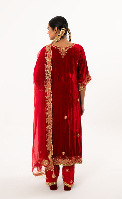 Long Velvet Kurta Set with Crepe Salwar and Organza Dupatta