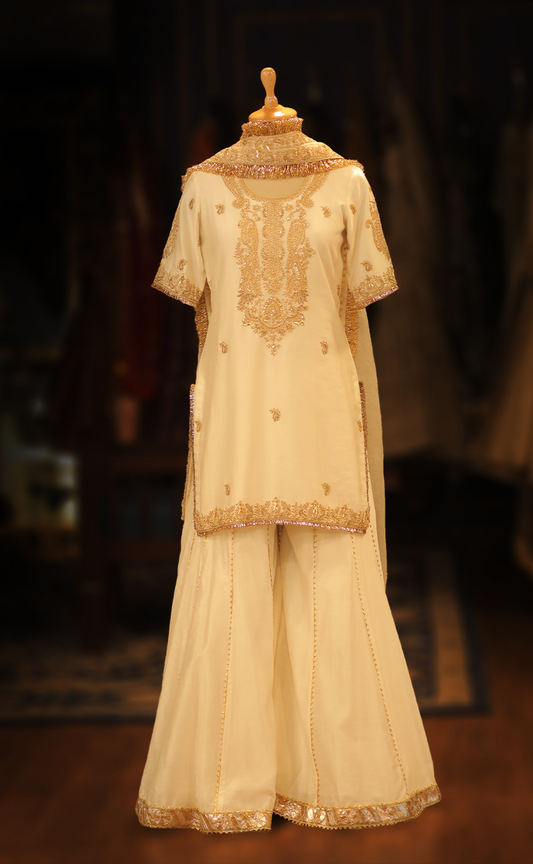 Luxe Silk Kurta with Sharara and Hand-Embroidered Dupatta