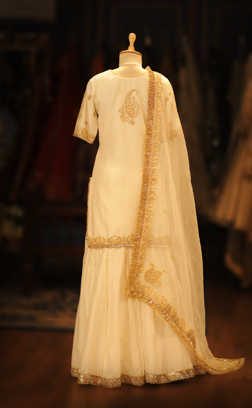 Luxe Silk Kurta with Sharara and Hand-Embroidered Dupatta