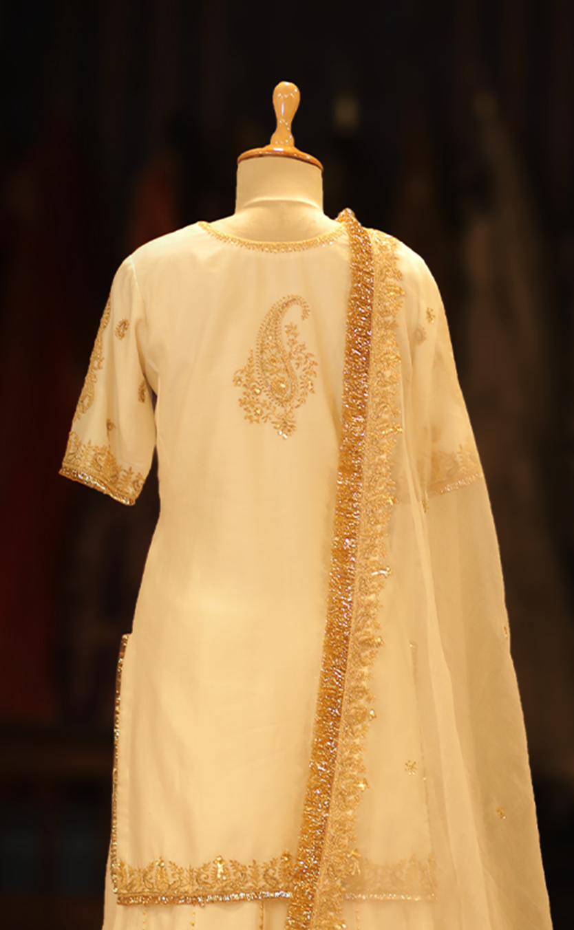 Luxe Silk Kurta with Sharara and Hand-Embroidered Dupatta