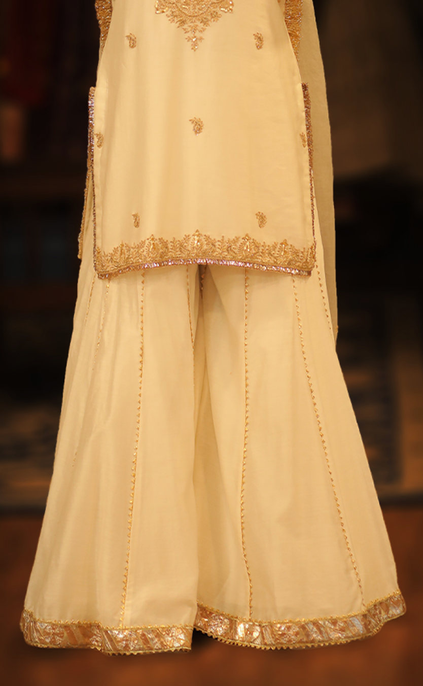 Luxe Silk Kurta with Sharara and Hand-Embroidered Dupatta