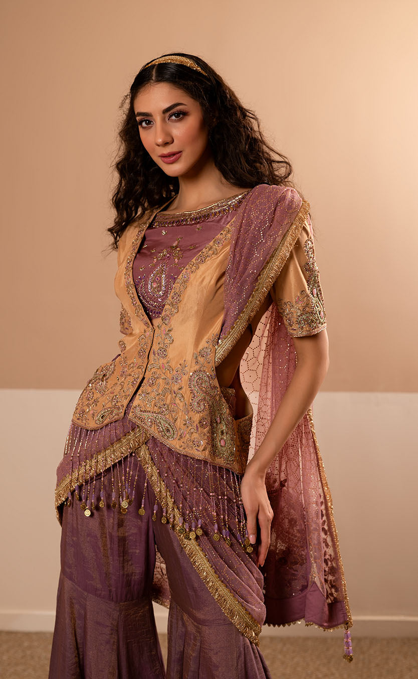 Embroidered Koti and Blouse Ensemble with Draped Garara Saree