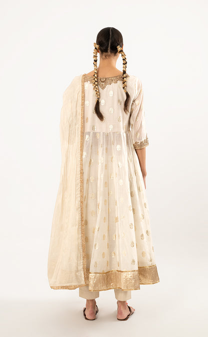 Fine Chanderi Anarkaliset Set with pants and Tissue chanderiDupatta