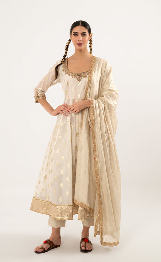 Fine Chanderi Anarkaliset Set with pants and Tissue chanderiDupatta