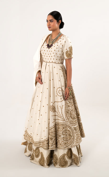 Zardozi Embroidered Front Slit Anarkali Set with Lehenga and Net Dupatta