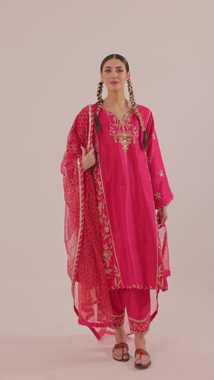 Fine Silk Short Kurta & Silk Sharara Set with Organza Dupatta