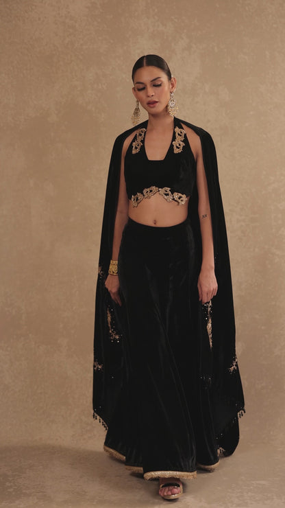 Velvet Kurta & Sharara Set with Zardozi Embroidered Stole