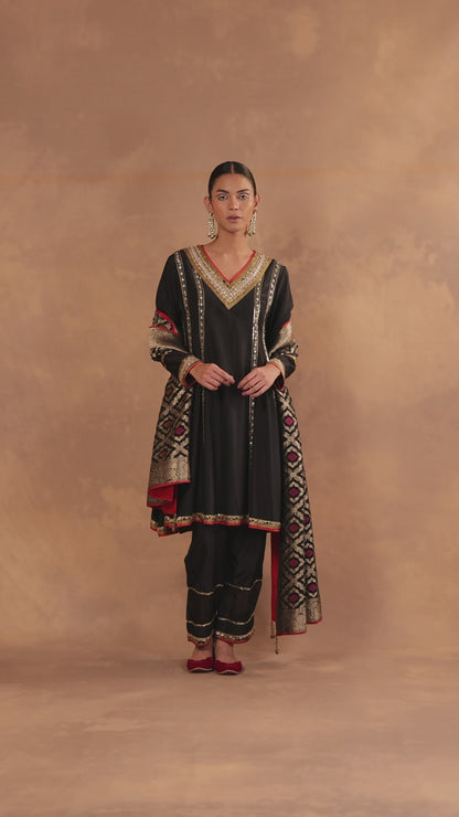 Hand Embroidered Silk Kurta & Sharara Set with Net Dupatta