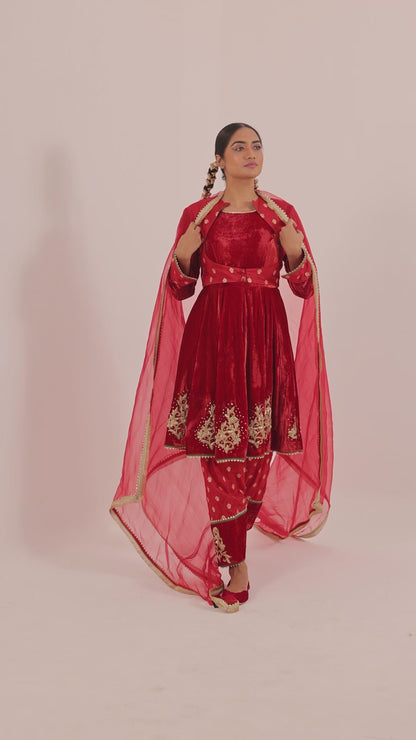 Hand Embroidered Anarkali with Banarsi Koti, Salwar & Organza Dupatta