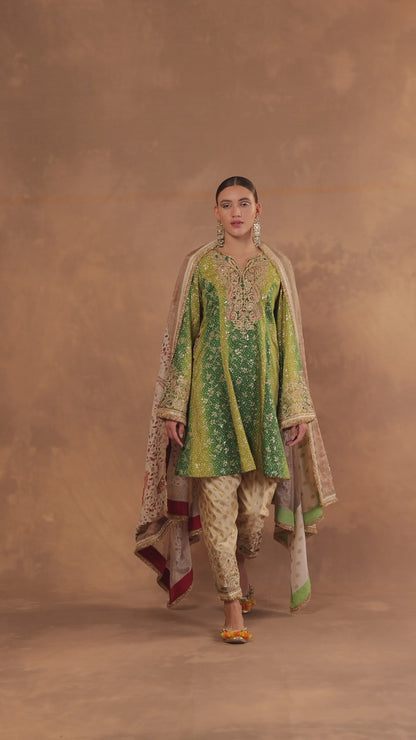 Princess Cut Bandhani Kurta Set with Brocade Pakistani Salwar and Dupatta