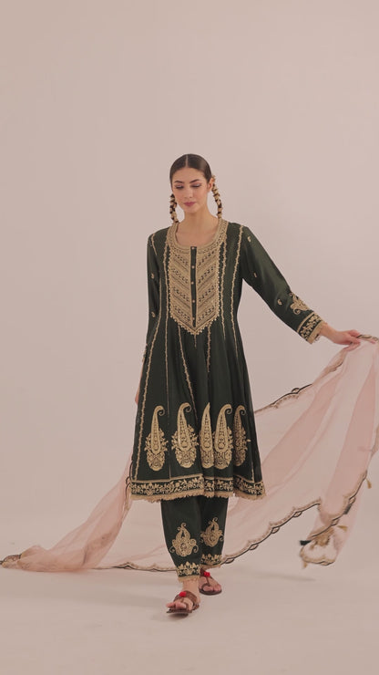 Aari Embroidered Silk Anarkali Set with Salwar and Organza Dupatta