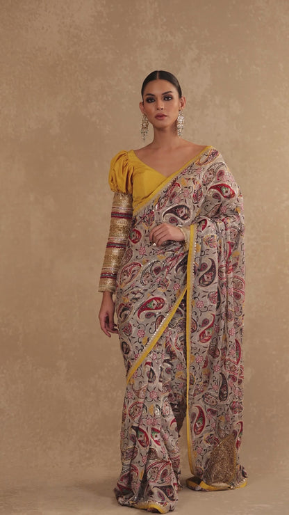 Zardozi Work Drape Saree & Yellow Silk Blouse with Potli Bag