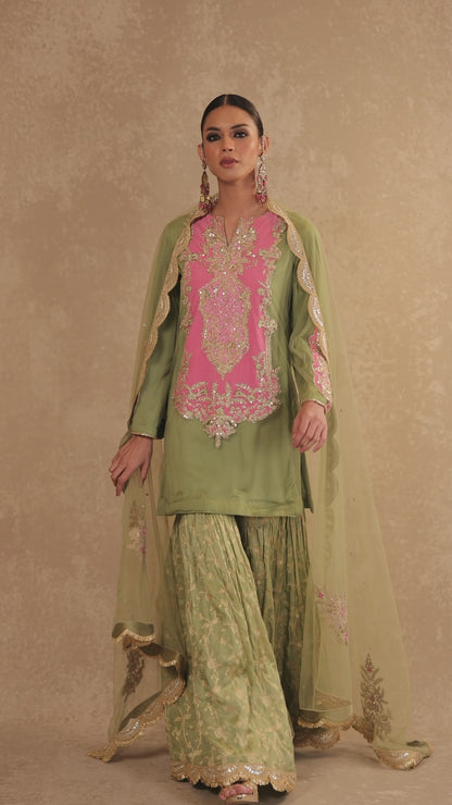 Zardozi hand Embroidered Kurta and Garara Set with Dupatta