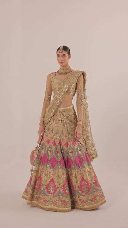 Heavy Zardozi Embroidered Brocade Draped Fishcut Lehenga Saree