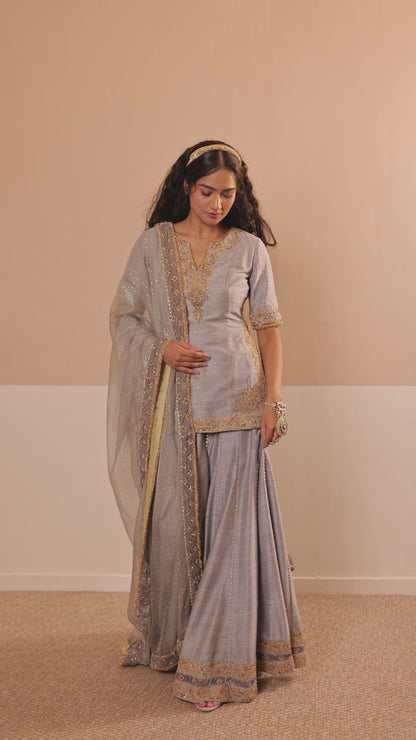 Fine Silk Kurta Set with Sharara and Organza Dupatta