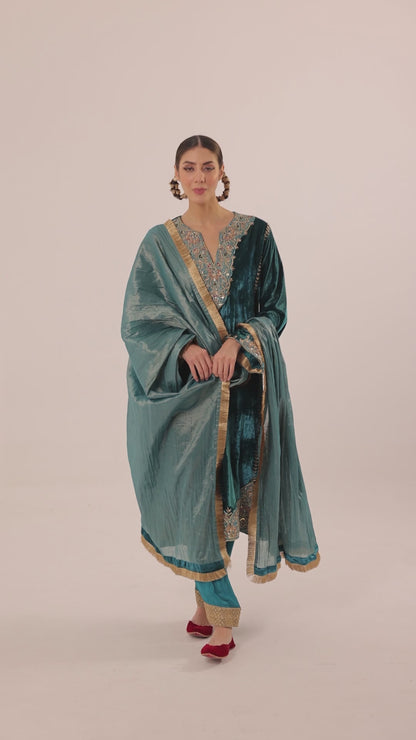 Zardozi Embroidered Velvet A Line Kurta with Crepe Salwar & Dupatta