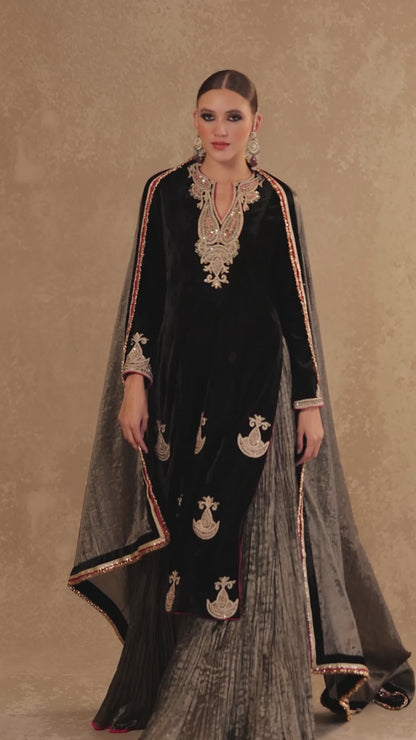 Zardozi Embroidered Velvet Kurta & Crinkled Sharara with Dupatta