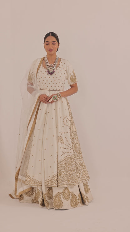 Zardozi Embroidered Front Slit Anarkali Set with Lehenga and Net Dupatta