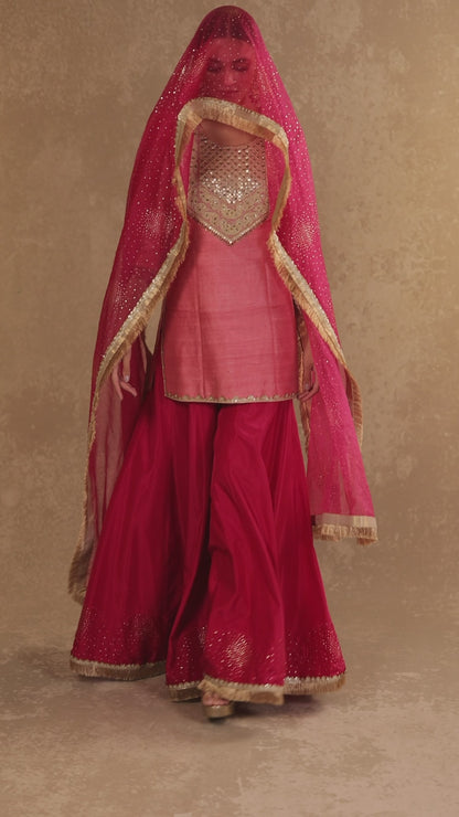 Hand Embroidered Short Kurta & Silk Sharara Set with Organza Dupatta