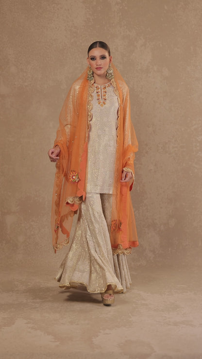 Gold Embroidered Kurta and Garara Set with Dupatta