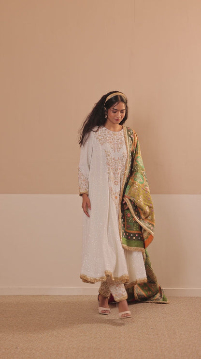 Long Sequinced Anarkali Set with Pakistani Salwar and Printed Dupatta