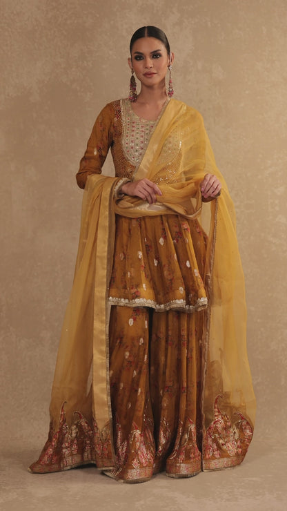 Bead Embroidered Organza Peplum & Sharara Set with Organza Dupatta