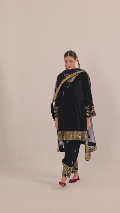 Velvet A-Line Princess Cut Kurta Set with Pakistani Salwar and Net Dupatta