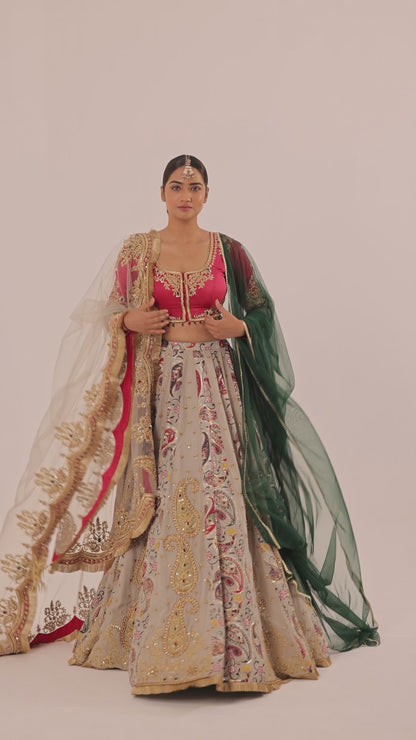 Jewelled Blouse with Embroidered Printed Lehenga and Double Dupatta