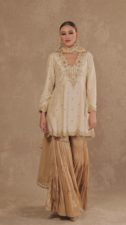 Silk A-Line Kurta Set with Sharara and Dupatta