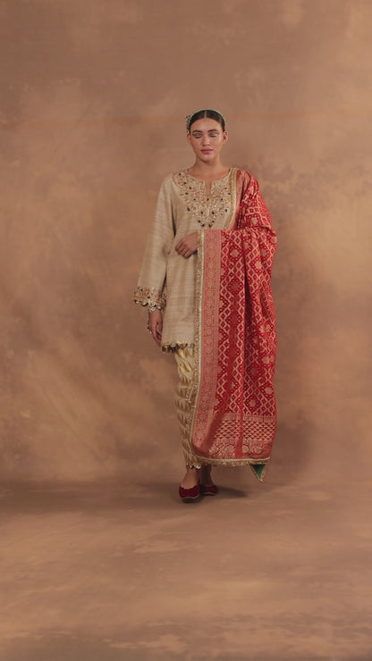 Hand Embroidered Straight Cut Kurta Set with Brocade Pakistani Salwar and Dupatta