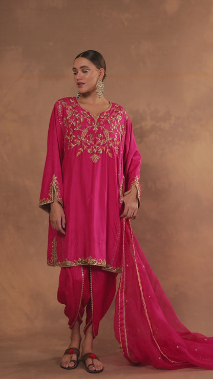 Mid-Length Silk Kurta & Dhoti Salwar Set with Organza Dupatta