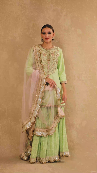 Zardozi Embroidered Kurta and Woven Garara with Hand Embroidered Dupatta