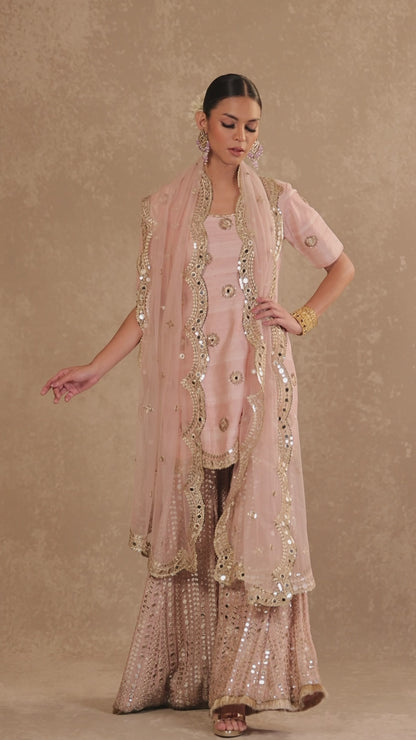 Hand Embroidered Silk Kurta with Sharara & Net Dupatta