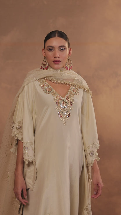 Zardozi Embroidered Tissue Kaftan with Pakistani Salwar and Dupatta