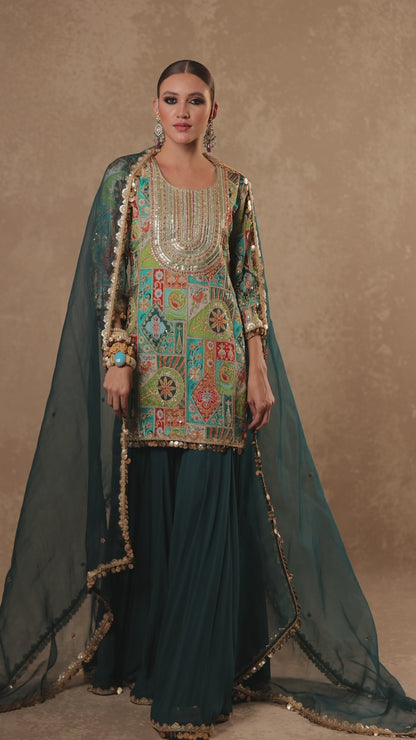 Aari Embroidered Short Kurta & Georgette Sharara with Organza Dupatta