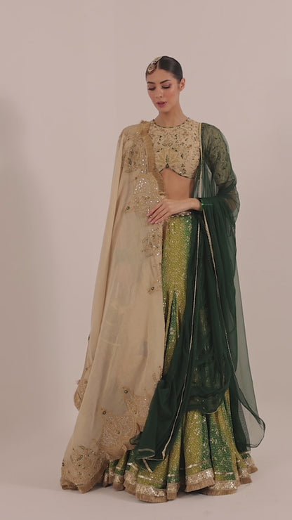 Bandhani Lehenga Set with Zardozi Blouse and Double Dupatta