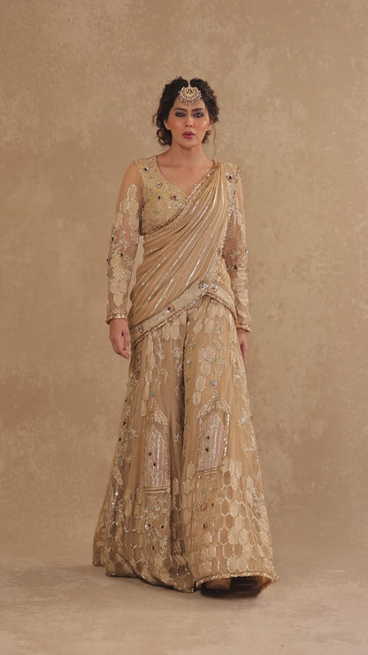 Zardozi Embroidered Draped Sharara Saree with Heavy Blouse and Palla