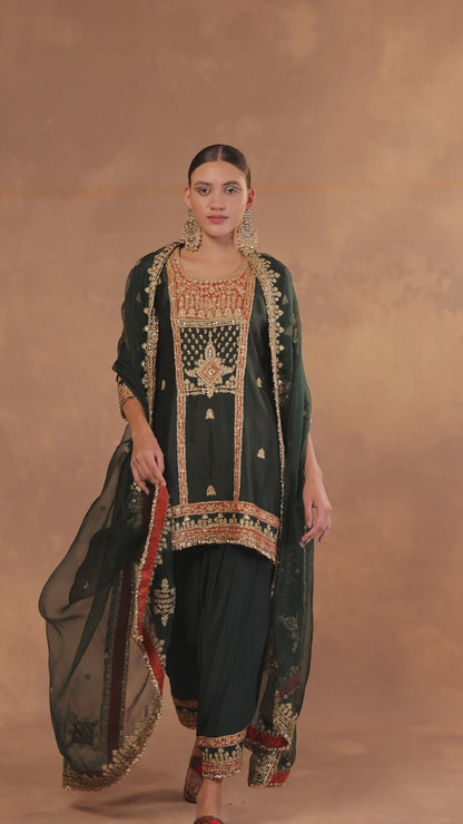 Hand Embroidered Silk Kurta & Salwar Set with Organza Dupatta