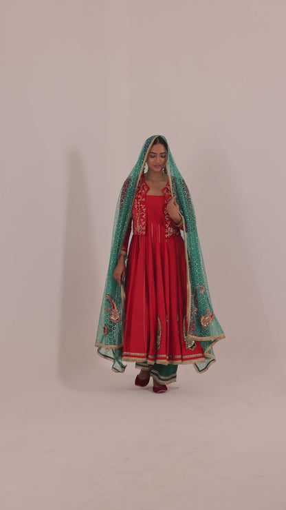 Aari Embroidered Anarkali with Koti, Plazzo & Organza Dupatta